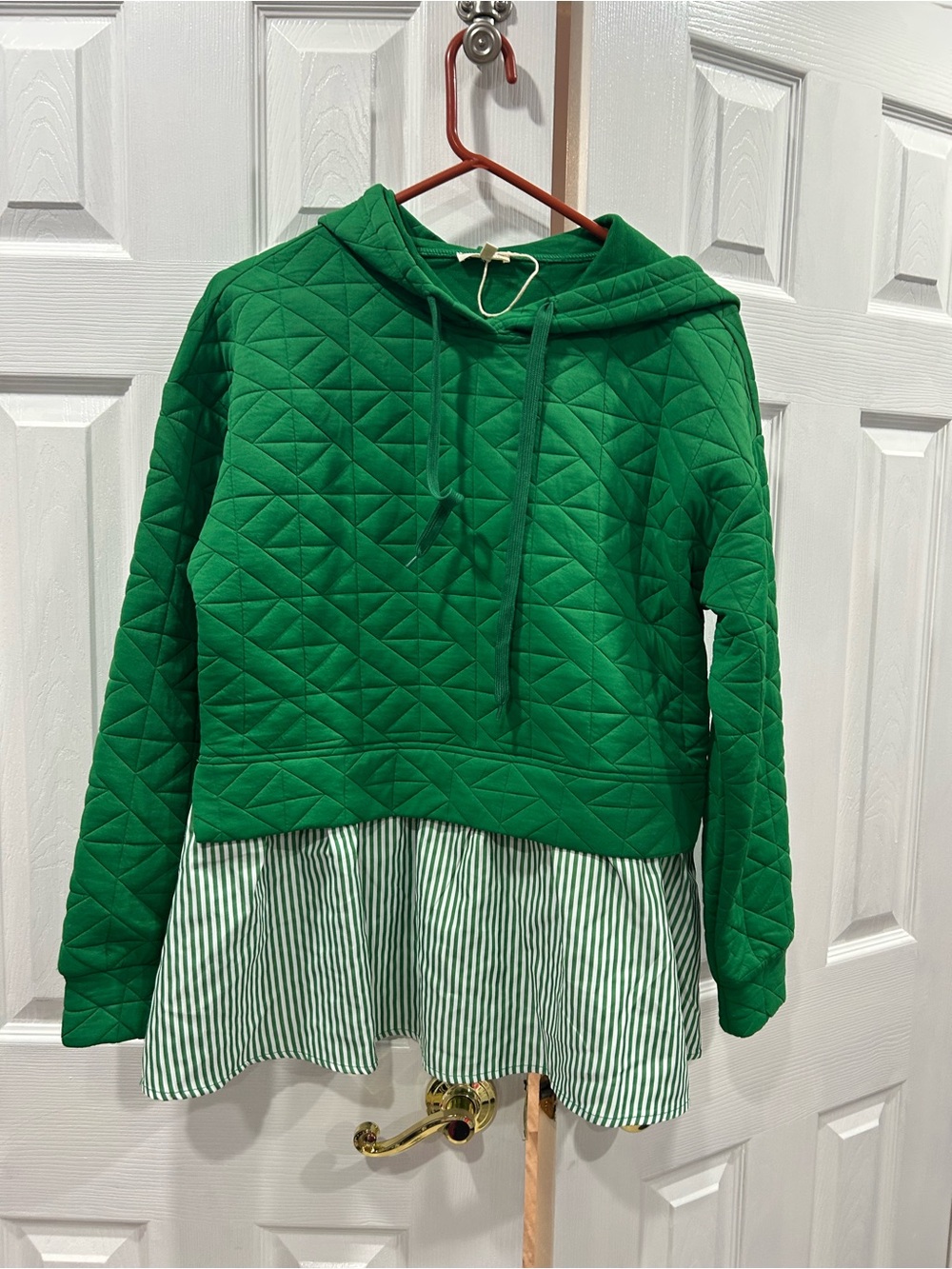 JODIFL Green Quilted Hoodie with Striped Hem